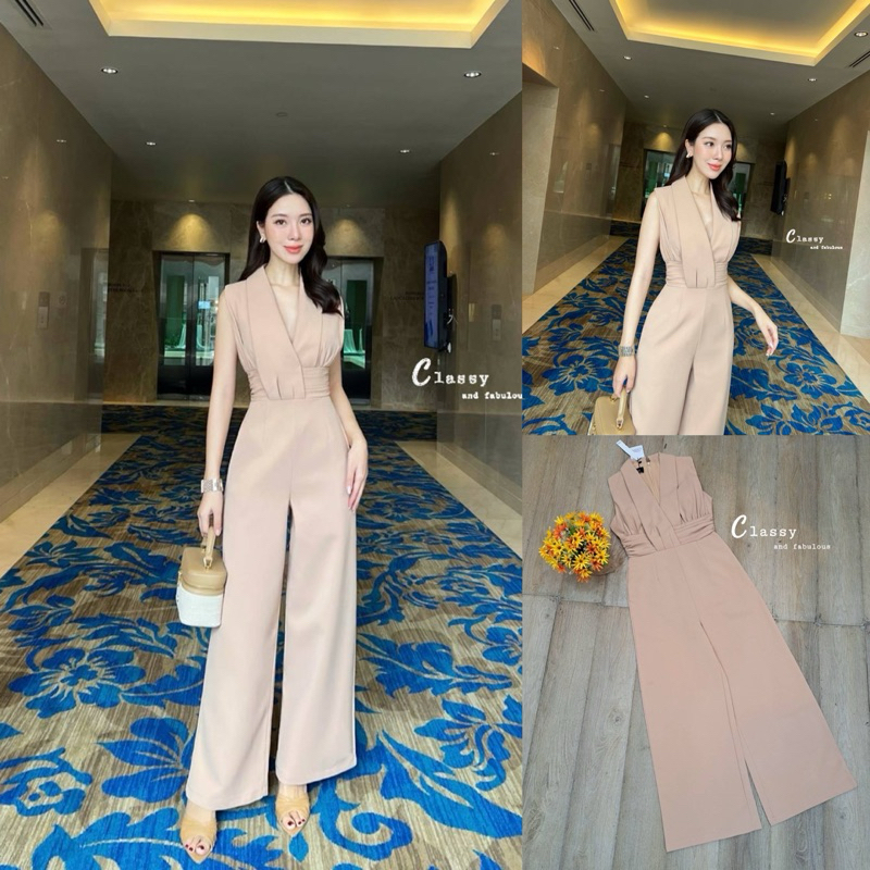 M9 งานป้าย Classy Jumpsuit จั๊มสูทขายาวคอปกวี สีน้ำตาล สำหรับผู้หญิง เสื้อผ้าแฟชั่นผู้หญิง ไซส์ S-XL
