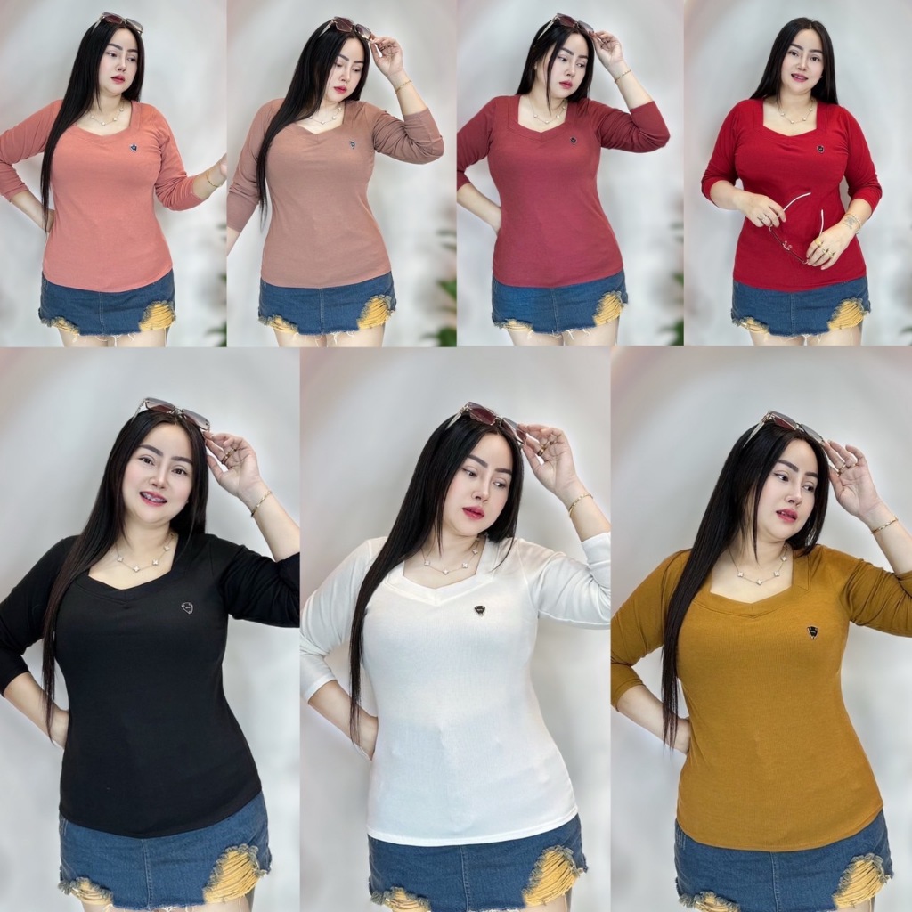 TATUMเสื้อสาวอวบแฟชั่น(มีของพร้อมส่งไวเว่อร์) เสื้อแขนยาวคอ5เหลี่ยมcpsผ้าราองยืด