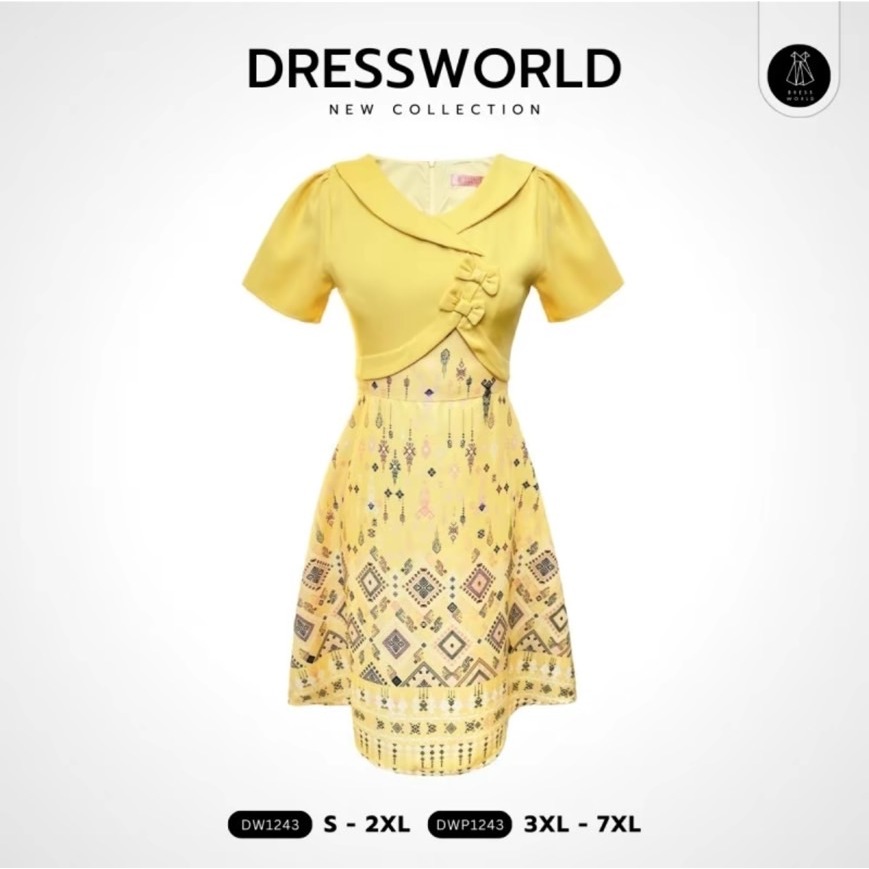 {S-7XL} 1243 งานป้าย Dress World เดรสสั้นทรงบานลายไทย คอวีไขว้ แต่งโบว์ แพทเทิร์นสวยมาก น่ารัก ไม่มีไม่ได้แล้วน๊า