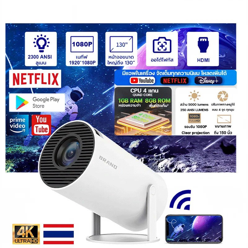 HY300 Pro uItra โปรเจคเตอร์ขนาดเล็ก 4K Android 11 พร้อม WiFi และบลูทูธ การหมุน 180° และการปรับภาพสี่