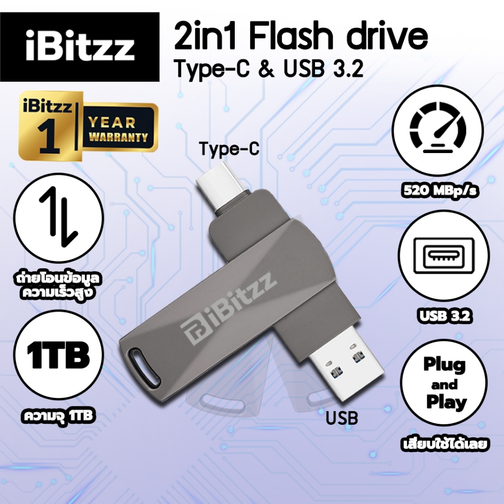 (ประกัน 1 ปี) iBitzz 2in1 Flash Drive Type-C & USB 3.2 แฟลชไดร์ฟ 1TB แฟลชไดร์ฟ iP15 16/  Pro Air4 5 