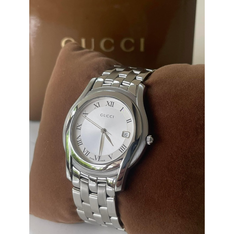 GUCCI 5500M Watch Quartz Women's Silver , Black Dial Date Swiss Made Vintage