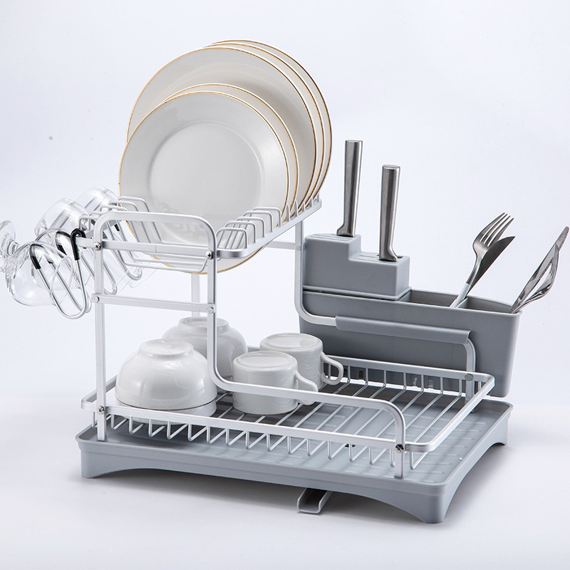 ชั้นคว่ำจานอลูมิเนียม แบบ2ชั้น ที่คว่ำจาน สตไล์หรู มีที่ระบายน้ำ Aluminium dish drying rack 2layers - รูปที่ 2