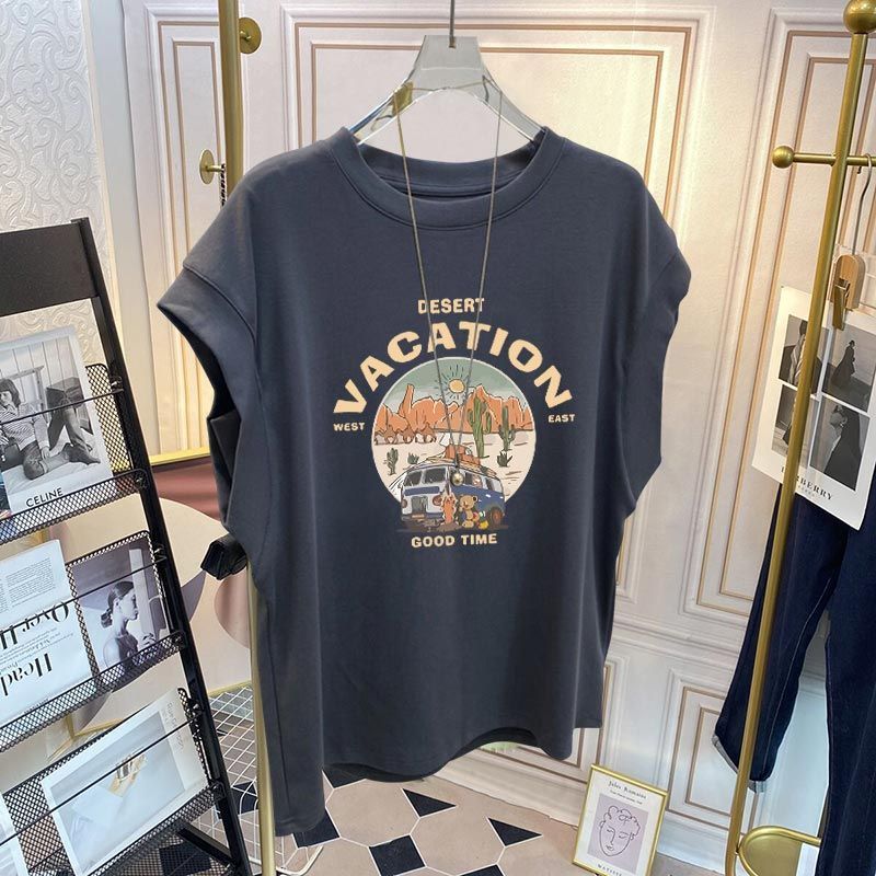 เสื้อแขนกุดลําลองทรงหลวมสไตล์เกาหลี สกรีนพิมพ์ลาย oversize เสื้อผ้าสาวอวบแฟชั่นฤดูร้อนใหม่ เสื้อยืดสวยๆผู้หญิงกําลังฮิต