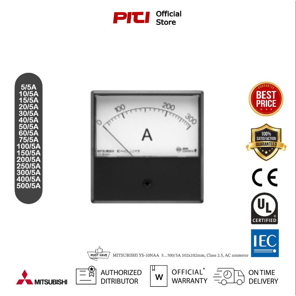 MITSUBISHI YS-10NAA  5…500/5A 102x102mm, Class 2.5, AC ammeter