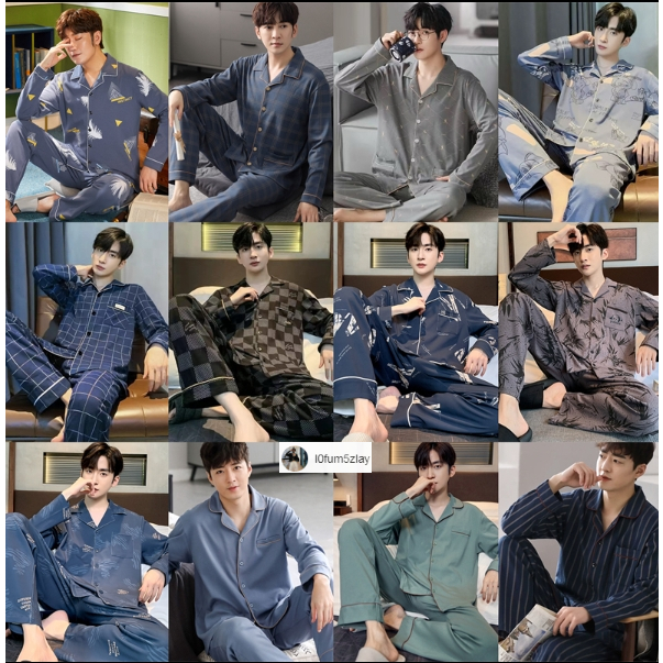 ชุดนอน ชุดเซ็ต 2 ชิ้นผ้าฝ้ายผู้ชาย เสื้อแขนยาว+กางเกงขายาว สไตล์คอกลม L~3XL 45~80KG