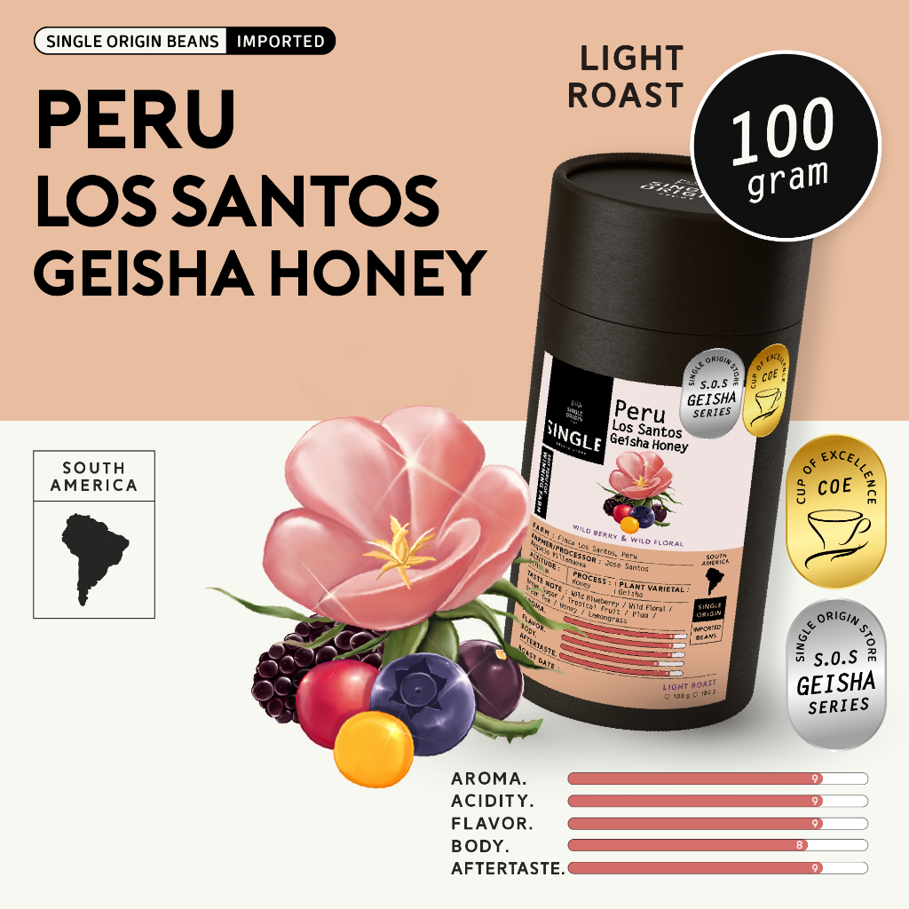 (ลด 15% คายแก๊สพร้อมทาน รอบคั่ว 3/12 ขนาด 100-180g) Peru Los Santos Geisha Honey