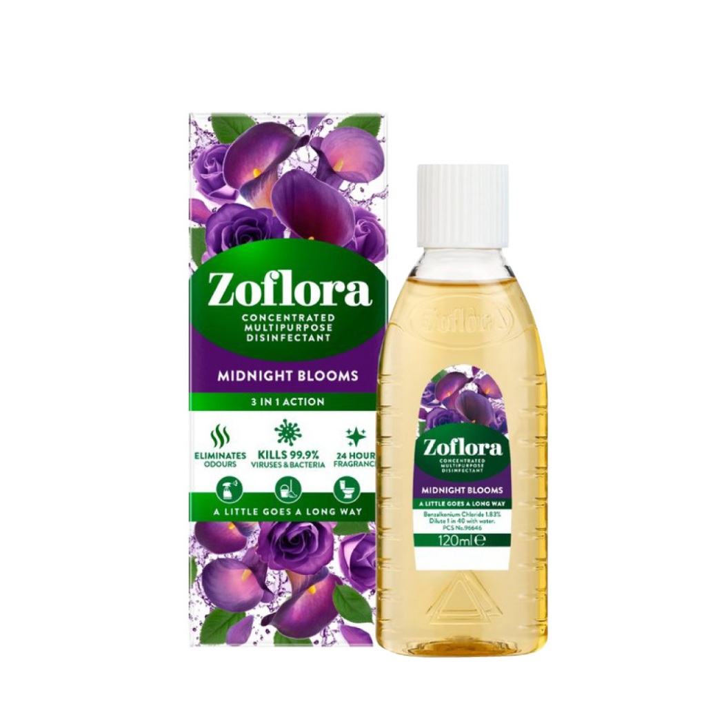 Zoflora Midnight Bloom 120ml. โซฟลอรา มิดไนท์ บลูมส์ น้ำยาฆ่าเชื้อโรคชนิดเข้มขันแบบมีกลิ่นหอม