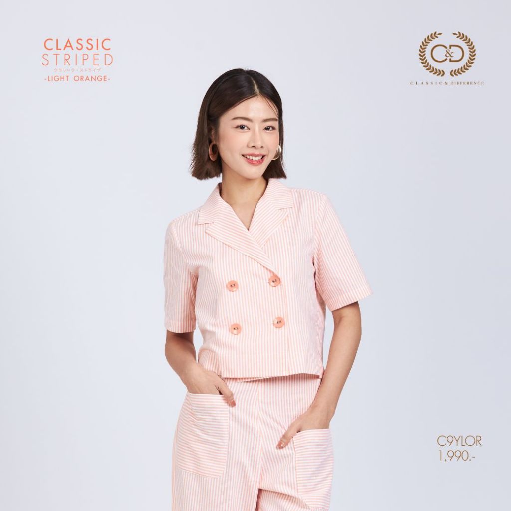 C&D เสื้อผู้หญิงปกฮาวาย ทรงครอป ลายริ้วสีส้มอ่อน C9YLOR