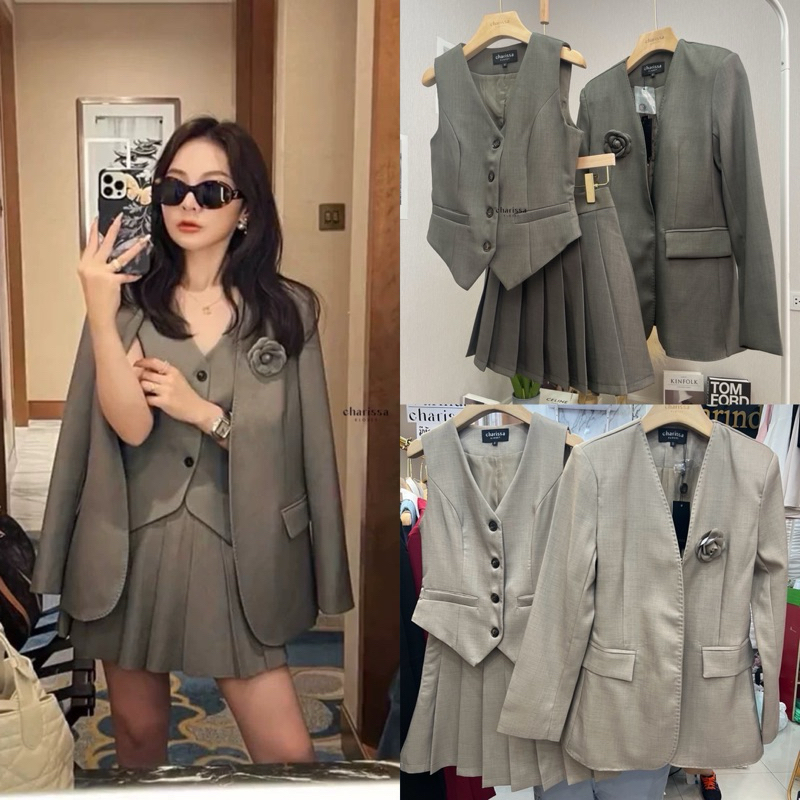 Set 3 ชิ้น เสื้อสูท กระโปรง เสื้อกั๊ก ดอกไม้ที่อกเป็นเข็มกลัดนะคะถอดออกได้