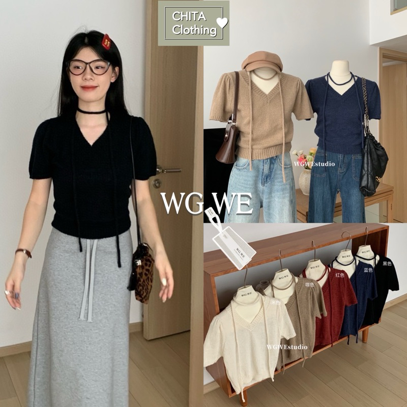 2380# เสื้อไหมพรมแขนสั้นคอวี มีสายไขว้คอ เนื้อผ้ายืดหยุ่นได้เยอะ TAG:WG.WE