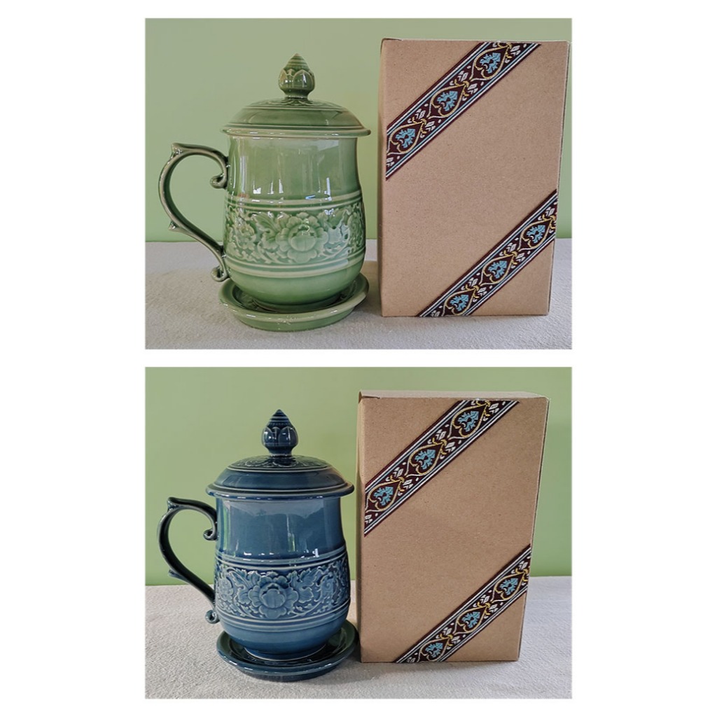 ของขวัญ ของที่ระลึก งานเกษียณ งานปีใหม่ แก้วน้ำ ลายเทวี มีฝาปิดและจานรอง บรรจุในกล่อง งานแต่งงาน โอทอปลำปาง