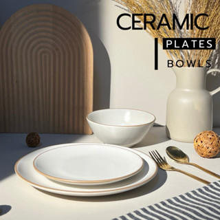 จาน ชาม เซรามิค สไตล์มินิมอล สีครีมขอบน้ำตาล เข้าไมโครเวฟได้…