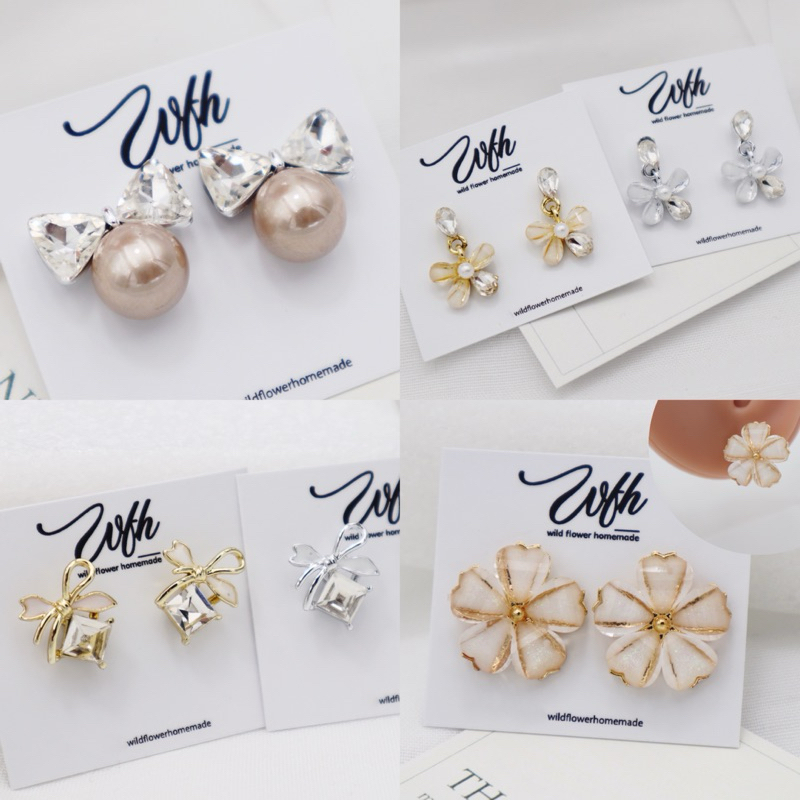 WFH ต่างหูมุก ดอกไม้ คริสตัล ออกงาน โบว์ Pearl earrings