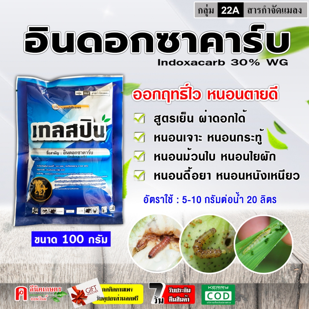 //แพ็ค 10 ซอง// เทลสปิน อินดอกซาคาร์บ 30% ( 100g )( indoxacarb ) ป้องกันกำจัด หนอนห่อใบข้าว หนอนม้วน