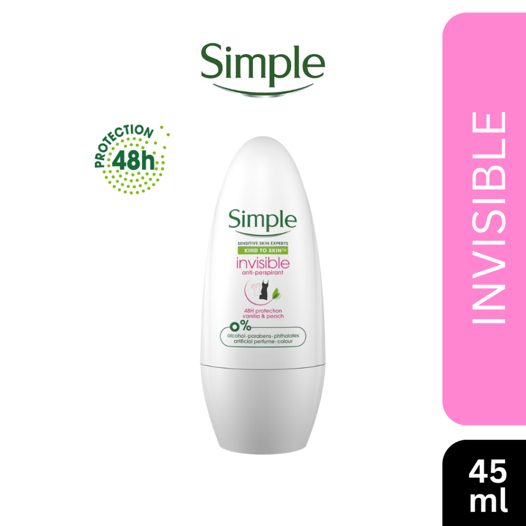 [ของแท้ ส่งเร็ว🔥] โรลออน Simple Kind To Skin Invisible - Vanilla & Peach 45ml ผิวบอบบางแพ้ง่ายใช้ได้