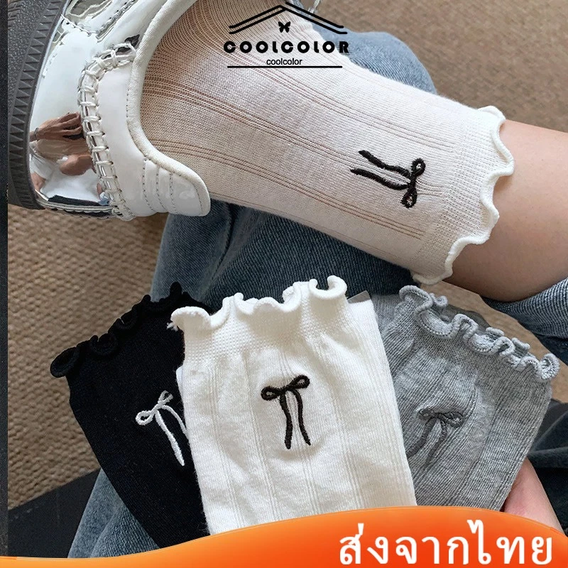 ในไทย💖ถุงเท้าน่ารักฤดูร้อนบางโบว์ระบายอากาศสไตล์บัลเล่ต์เจเคสาวหวานกลวงโบว์ตาข่ายสไตล์เกาหลีหวานลูกไม้ถุงเท้าCOD