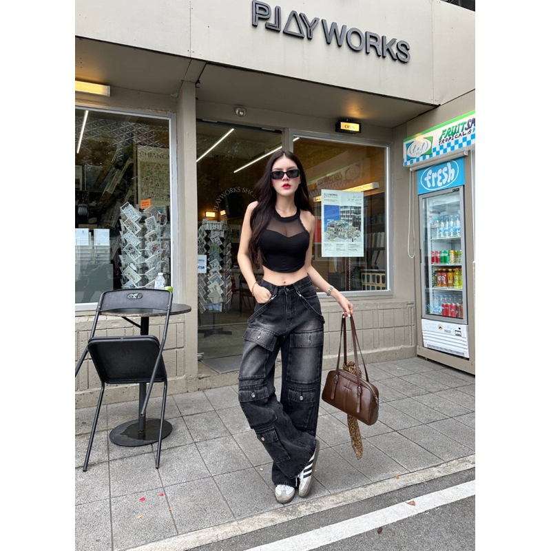 รหัส BJ001 Bosdy Jeans กางเกงยีนส์คาร์โก้สีดำฟอก รุ่นกระเป๋าหน้าผ้าไม่ยืด