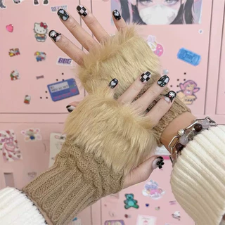 A9 💫พร้อมส่งจากไทย ถุงมือไหมพรมสีขาวแต่งขนเฟอร์ Harajuku / y2k ⚡️👾