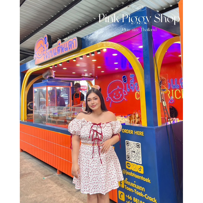 ชุดเซต 2 ชิ้น “It's so cute!” เสื้อคอป  แต่งโบว์ สม็อกรอบ สาวอวบ  สาวอ้วน