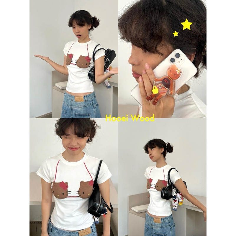 Hooei Wood hello kitty short sleeve and long sleeve shirts เสื้อยืดลายบิกินี่คิตตี้ผิวแทนฮาวาย