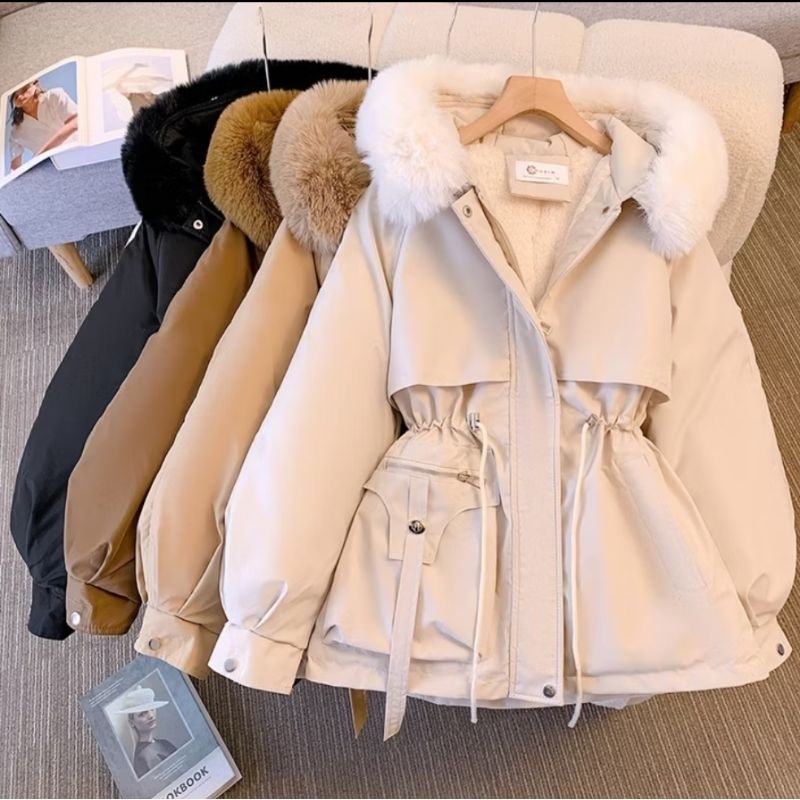 🇨🇷พร้อมส่ง🇨🇷 เสื้อโค้ทกันหนาวมีเฟอร์ Coat Wool บุขนด้านใน มีสม็อกเอว