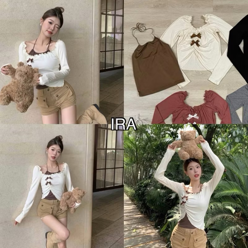 BY IRA 2 Pieces Set ชุดเสื้อเชิ้ต เปิดไหล่ ผ้าฝ้าย ประดับโบว์ สีพื้น สองชิ้น สําหรับผู้หญิง we