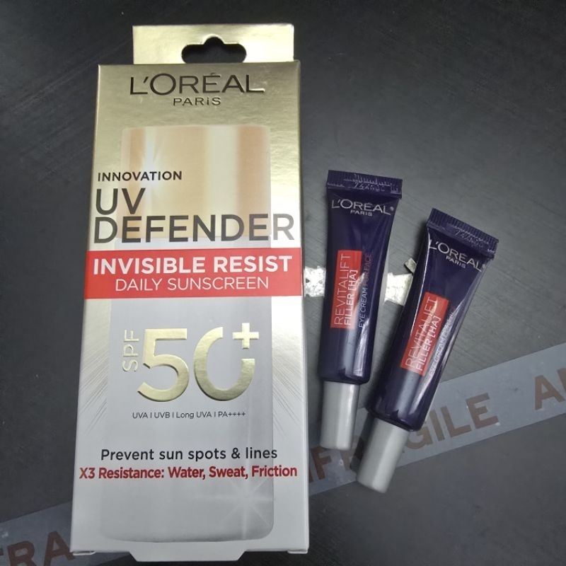 ✨️ลด50%✨️ Loreal UV Defender Invisible Fluid SPF 50+ PA++++ 50 ml. แถม Eye Cream 7.5ml ×2 ลอรีอัล ปา