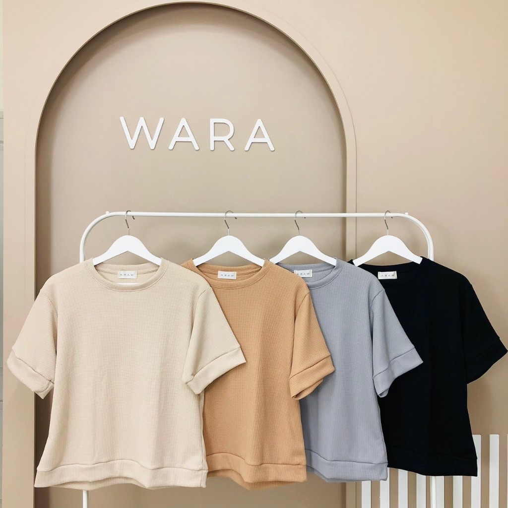 [ WF13 ] WARA เสื้อคอกลม ทรงโอเวอร์ไซส์ แขนต่อ ผ้าวาฟเฟิล เนื้อผ้าใส่สบาย