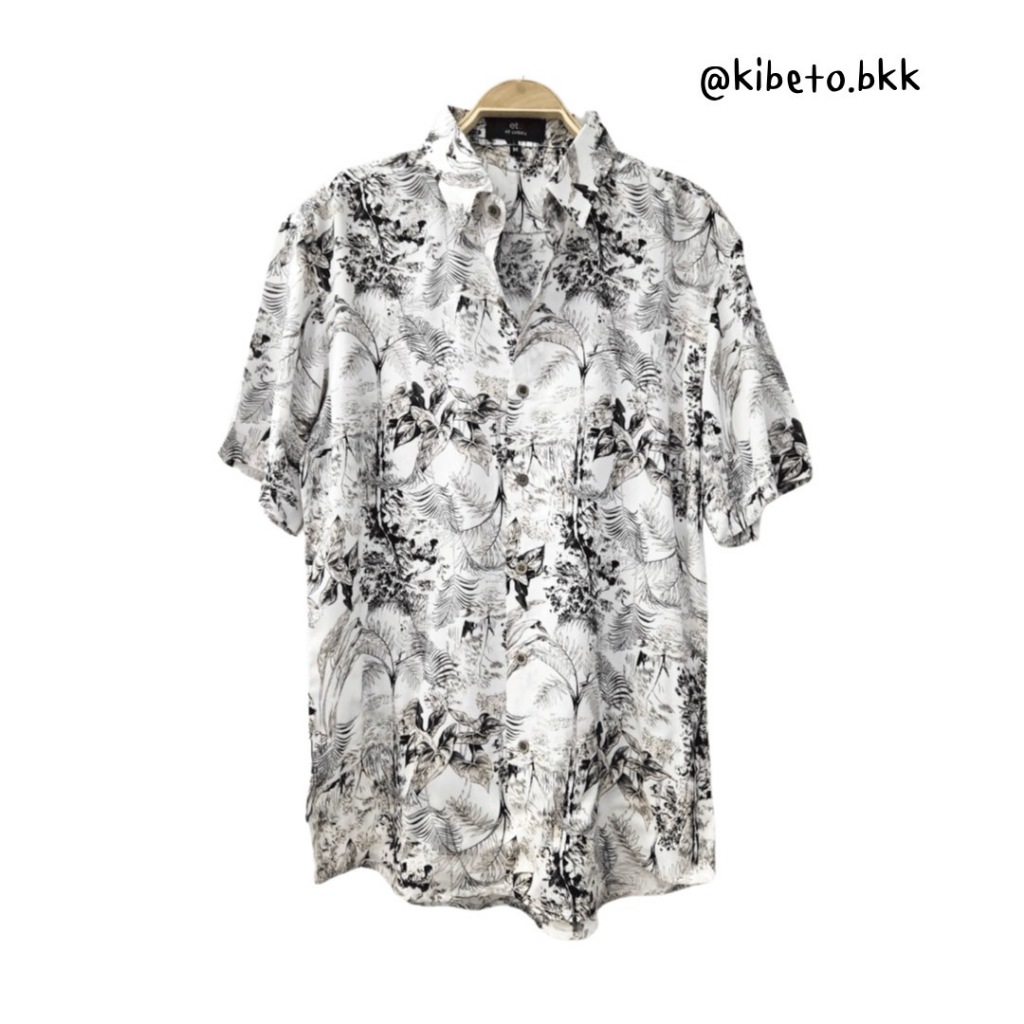 kibeto เสื้อฮาวาย ลายป่าสนสีดำ ผ้าสปันเรยอน เนื้อนิ่ม ใส่สบาย