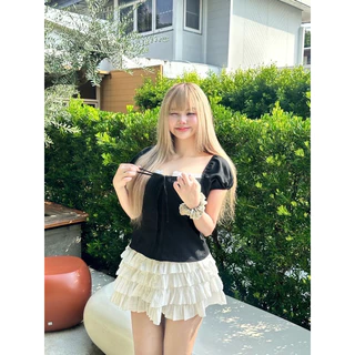 🌟Mamildya.shop🌟 เสื้อแขนตุ๊กตา ผ้าลินินแท้เนื้อดีสุดๆๆ แต่งลูกไม้ช่วงอก/K2-2 /NUSA-เหลี่ยม