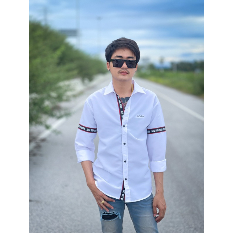 เสื้อเชิ๊ต ACTART 1989  ปักอกแขนยาว สีขาว Clothing Man ผู้ชาย