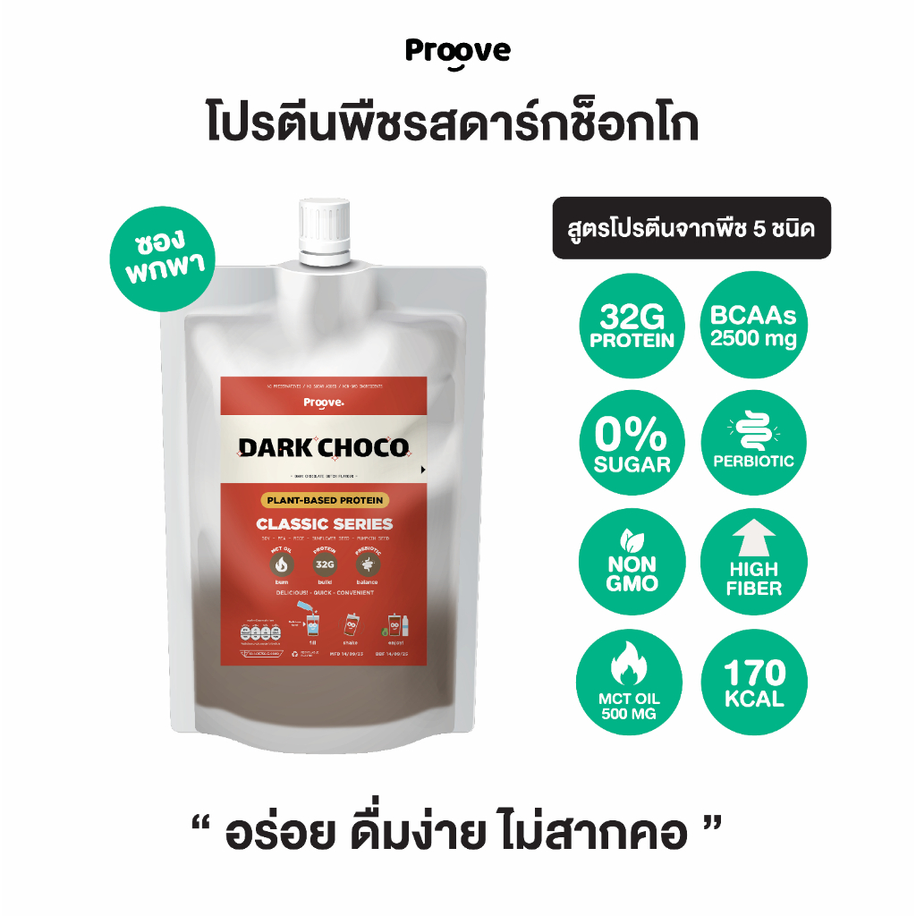 Proove โปรตีนพืช แบบพกพา ช่วยเผาผลาญ อร่อย ดื่มง่าย รสดาร์กช็อกโก โปรตีนสูง ไม่มีน้ำตาล แคลต่ำ