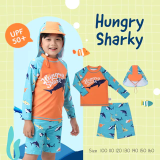 Uwae ชุดว่ายน้ำเด็กชายกันยูวี พร้อมหมวกกันแดด Blue&Orange Sharks รุ่น UV380