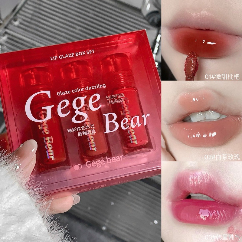 Gege Bear GX1115 Set 3 ชิ้น ลิปกลอส ลิปสติก ฉ่ำวาว นุ่มละมุน ติดทนนาน ให้ความชุ่มชื้น กันน้ำ