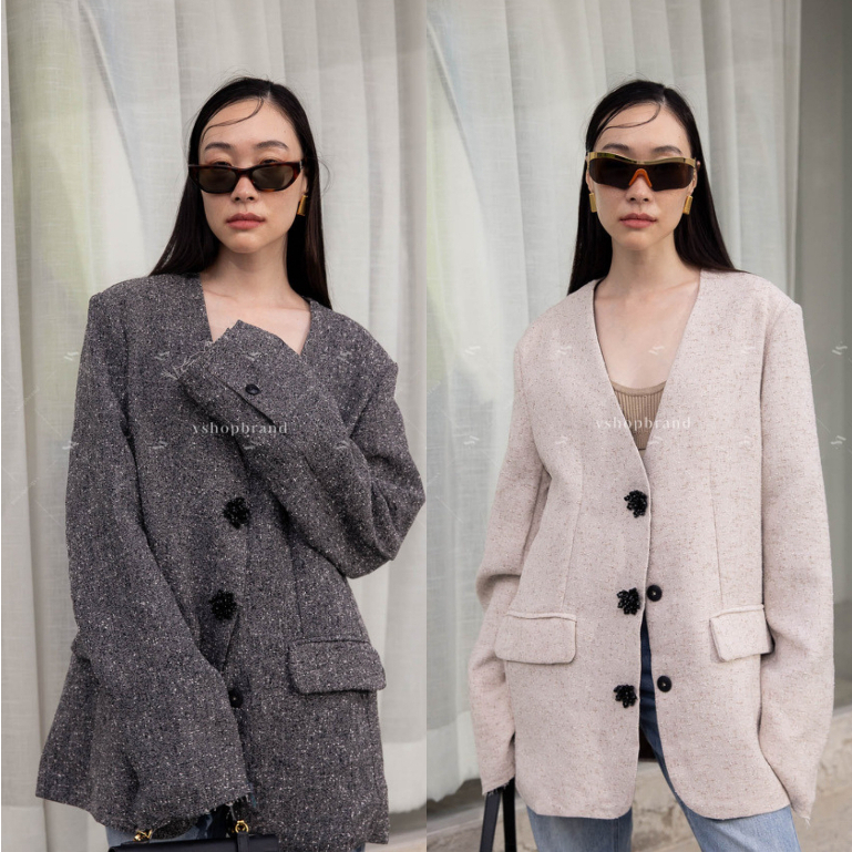 พร้อมส่ง Blazer สูทผ้าทวิตแขนยาวแต่งคริสตัสดอกไม้หน้า งานป้าย vshopbrand