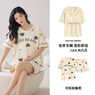 YY-NSSYชุดนอนผู้หญิง แขนสั้น ขาสั้น คอกลม มีบราในตัว พร้อมส่ง