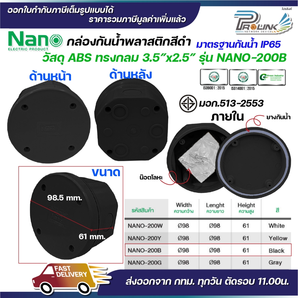 NANO กล่องพักสาย ทรงกลม ABS บล็อคพักสาย Box กันน้ำ สีขาว สีเหลือง สีดำ และสีเทา 3.5×2.5 รุ่น NANO-200W IP65 มอก.513-2548 ราคา ถูกที่สุด ดีลบีเคเค แกลเลอรีภาพที่ 4