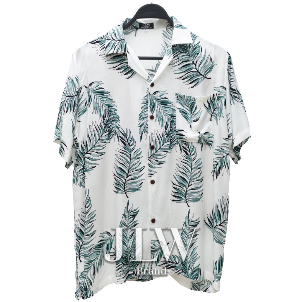 เสื้อฮาวาย ลายใบปาล์มเล็ก ขาวเขียว ผ้านิ่ม M L XL Oversize คอฮาวาย JLW BRAND
