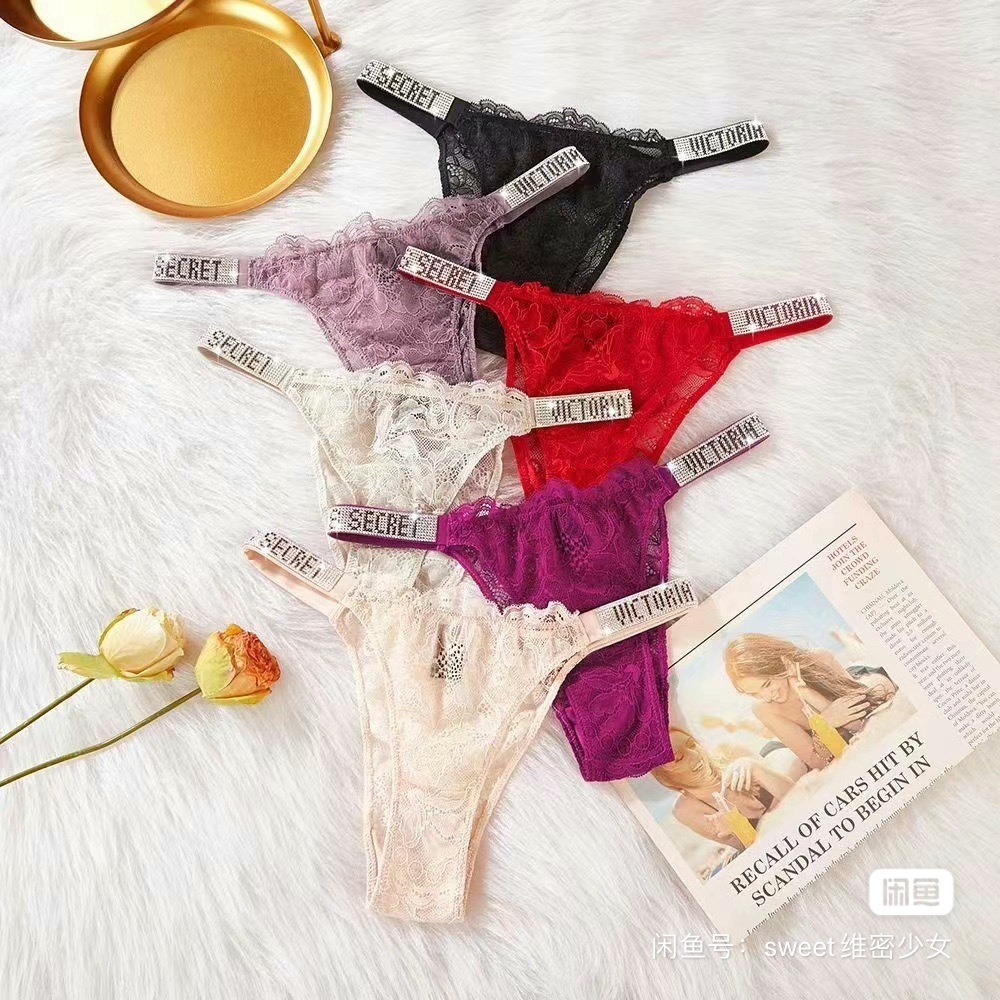 Victoria Secret ผู้หญิง ICE Silk Breathable ชุดชั้นในต่ำเอวเซ็กซี่ Rhinestone ตัวอักษรชุดชั้นใน AU05