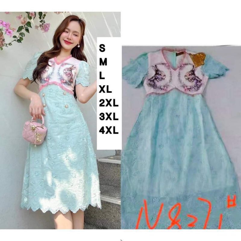 (L) พร้อมส่ง🌷ชุดเดรสปักลูกไม้สีฟ้าลายน้องกระต่าย งานป้าย NT Princess แท้ มือ1 ป้ายห้อย