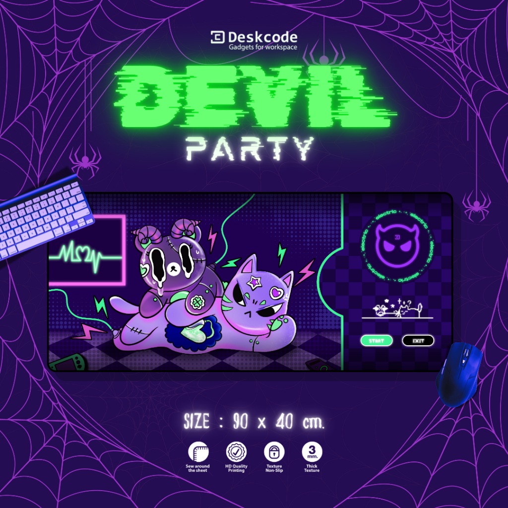 [ DESKCODE ] แผ่นรองเมาส์ แผ่นรองคีย์บอร์ด "DEVIL PARTY" ขนาดใหญ่ 90x40 80x30 45x40 cm.หนา 3 mm.