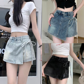 กระโปรงกางเกงยีนส์สั้น SIZE XS-12XL ตกแต่งผูกโบว์