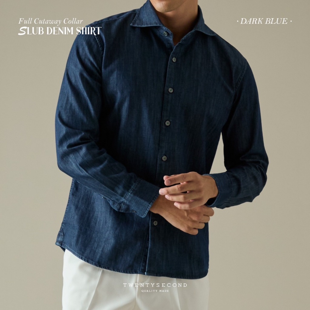 TWENTYSECOND เสื้อเชิ้ตแขนยาว ปกป้าน ผ้ายีนส์ รุ่น Slub Denim Shirt - ยีนส์สีเข้ม / Dark Blue