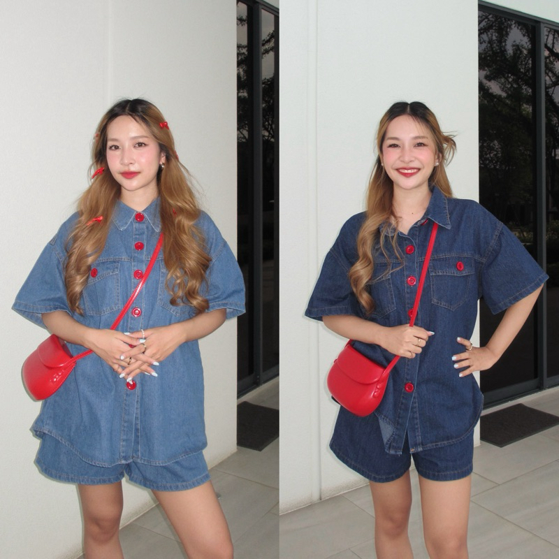 Theyourlooks #พร้อมส่ง Red Button Set ชุดเซ็ตเสื้อเชิ้ต กางเกงขาสั้น ยีนส์แท้
