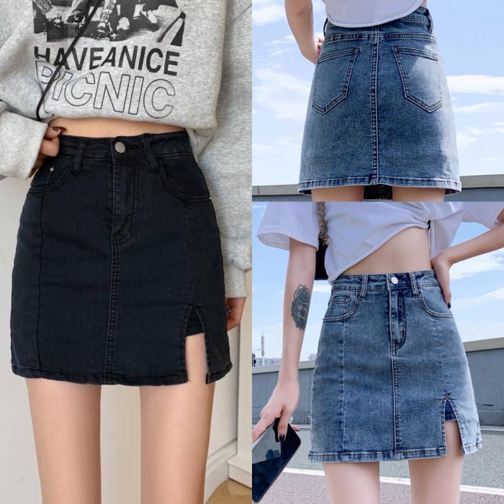 กระโปรงยีนส์ มีซับกางเกงขาสั้น XS-14XL ทรงเอแต่งผ่าหน้า ผ้ายีนส์ยืด