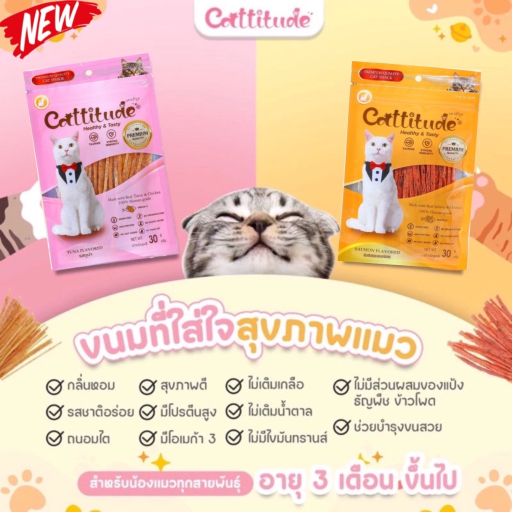 ขนมแมวเกรดพรีเมี่ยม แคททิจูด สูตรใหม่ 4แถม1 (กด4ซองค่ะ) โปรตีนล้วน ไม่เติมเกลือ ไม่มีสารกันเสีย