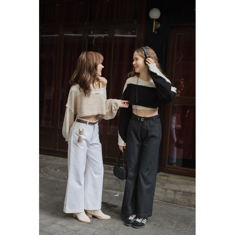 PEKKY KNIT (BEIGE/BLACK) CROP TOP