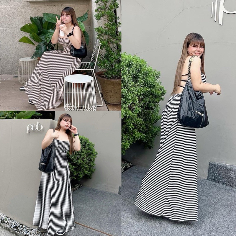 เข้าเพิ่ม พร้อมส่งค่า /LD/ เดรสสาวอวบ ผ้าลายริ้ว หลังเว้า แต่งสาย เสื้อผ้าไซส์ใหญ่ สาวอวบ สาว อ้วน พลัสไซส์ bigsize