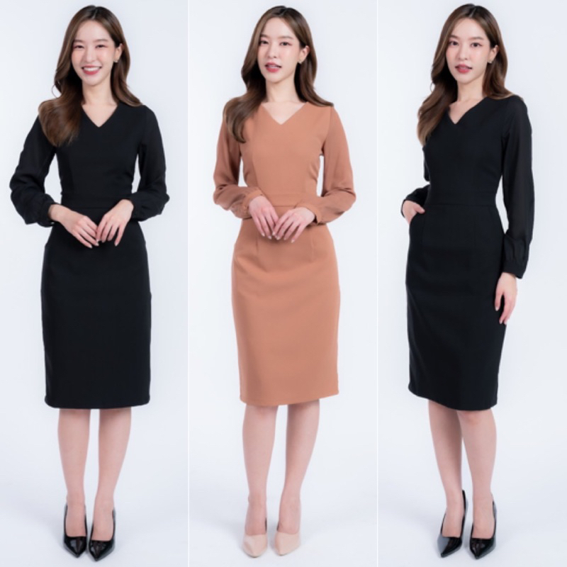 ✅ พร้อมส่ง S-3XL CA05 เดรสทำงานคอวี แขนยาวชีฟอง Classy and Beyou  brand ✅